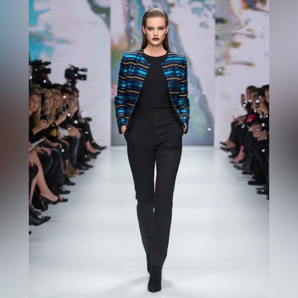 Maggy London Black and Blue Striped Blazer